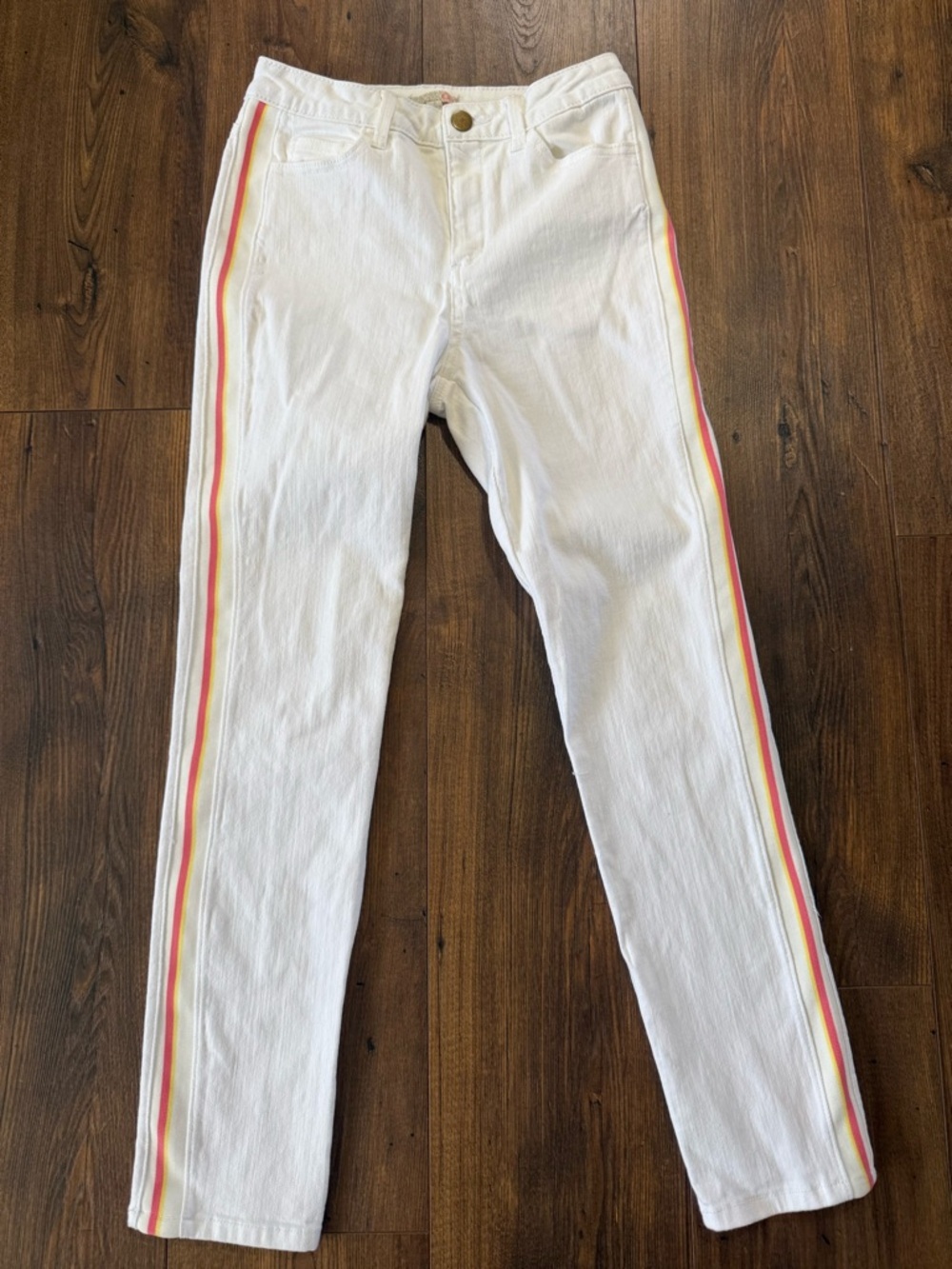 Gianni Bini Women’s White Denim Skinny Jeans Pink & Yellow Stripe Size 7